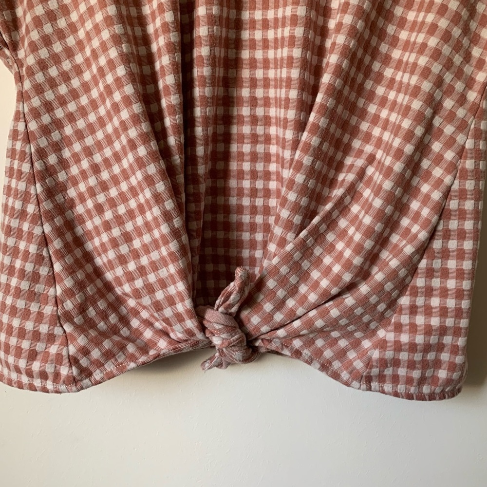 Lou & Gray for Loft Cuffed Short Sleeve Front Tie Pink & White Checkered Top - Picture 2 of 10